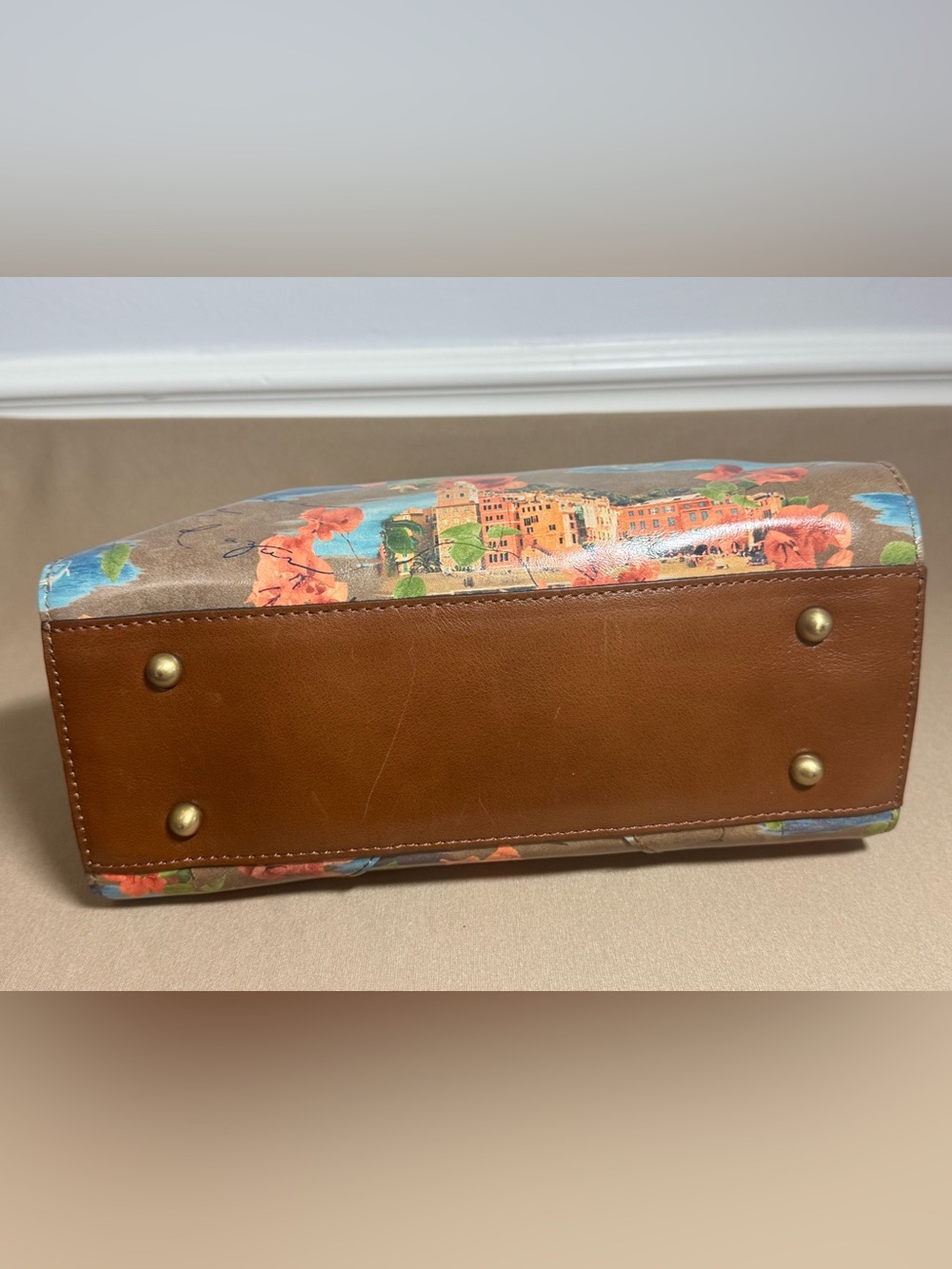 Patricia Nash Brown Floral Coastal Print Satchel with Blue Accents - Picture 6 of 8